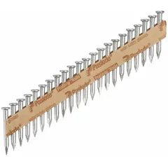 Flat, smooth collated metal connector nails with diamond point, 1-1/2 in overall length. Pack of 500. Used for fastening metal connectors, joist hangers, and framing hardware in wood construction.