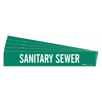 BRADY Pipe Marker: Sanitary Sewer, Green, White, Fits 2 1/2 to 7 7/8 in Pipe O.D. - Sanitary Sewer Adhesive Pipe Markers