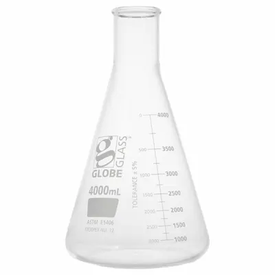 GLOBE SCIENTIFIC Erlenmeyer Flask: 4 L, Colorless, Round, A - Glass Erlenmeyer Flasks