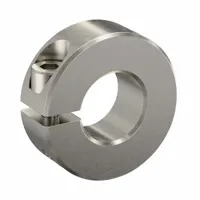 One-piece clamp-on shaft collar with 7/16 inch bore diameter, made from stainless steel. Designed for inch-sized round shafts to provide precise axial positioning and secure component retention. Commonly used in power transmission and industrial machinery