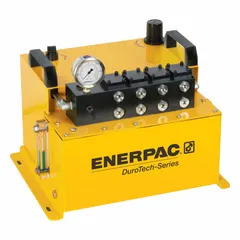 Air-operated hydraulic pump unit with 415 cu in reservoir capacity. Delivers operating pressure for workholding applications such as clamping, pressing, and material handling. Suitable for powering hydraulic cylinders and tools in industrial manufacturing and assembly operations.
