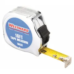 SAE (inch) tape measure with a 16 ft length and nonmagnetic single hook tip. The first 12 inches are marked in 1/32-inch increments, with feet markings for the remainder. Features a manual lock and a silver chromed plastic case. Suitable for measuring distances in construction, carpentry, and general maintenance tasks.