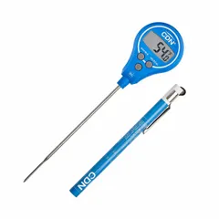 This lollipop-style digital thermometer features an LCD display and a 7-inch overall length. It is NSF Certified and provides accuracy of ±1.3 °F or ±0.72 °C. The plastic case includes a temperature guide on the sheath. Suitable for monitoring temperatures of liquids and semi-solid foods in commercial kitchens.
