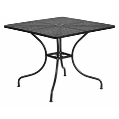 This square top patio table features a black metal frame and tabletop. Overall height is 28 3/4 inches and overall width is 35 1/2 inches. Suitable for outdoor dining, seating, or display in commercial or residential settings.
