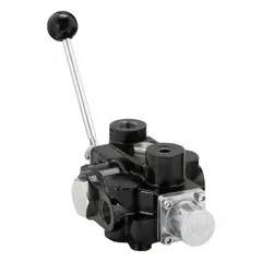 This manual spool monoblock valve features an open center configuration with spring return to neutral. It is a three-way, three-position, single-spool valve used to control the direction of hydraulic fluid in applications such as loaders, lifts, and implements.