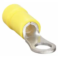 Vinyl-insulated ring terminal for terminating 12 AWG to 10 AWG wires onto a 1/4 in stud. Features Funnel Entry design for easier wire insertion. Suitable for use in control panels, electrical distribution, and machinery wiring.