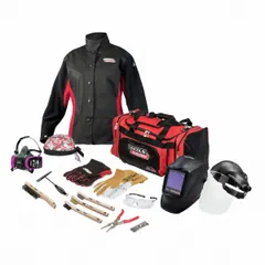 Auto-darkening welding helmet with a 3.74 in x 3.34 in viewing area and shade range W5-W13. Features 4 arc sensors, analog ADF controls, grind mode, and ratchet suspension. Constructed from proprietary nylon in brown/white. Suitable for MIG, TIG, and stick welding applications.