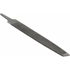 Rectangular file with a tapered chip-breaking design for efficient swarf clearance. Smooth cut and natural finish. Dimensions: 12 in length without tang, 1 3/16 in width, 1/4 in thickness. Used for precision metal shaping and deburring on flat surfaces and edges.
