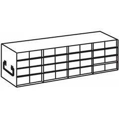 Stainless steel freezer rack for organizing and storing samples, vials, or boxes in cold storage environments. Overall length 22 inches, overall width 5 1/2 inches. Resists corrosion and withstands extreme cold.