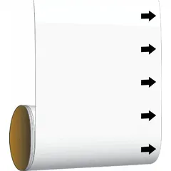 Blank adhesive pipe markers with clear background and black legend text, designed for pipe outer diameters of 2 inches and smaller. Each pack includes 30 markers with arrows for directional flow indication. Suitable for labeling industrial piping systems to identify contents and flow direction.