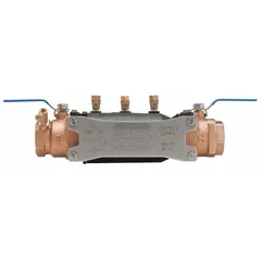 Double check backflow preventer with a bronze body and flange x flange connections. Pipe size 2 in, overall length 16 in. Includes ball valve shut-off. Used in cross-connection control to prevent reverse flow in potable water systems.