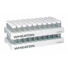 This polypropylene vial rack from WHEATON provides 50 positions for organizing and storing tubes or vials in laboratory settings. The white rack measures 13 inches long, 6 3/4 inches wide, and 1 1/4 inches high, suitable for benchtop use and sample transport.