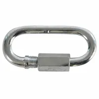 This zinc-plated quick link connector is used for repairing or extending safety chains on trailers and towed equipment. It is rated as Class 2 for load-bearing applications in towing and recovery. The connector provides a secure attachment point for compliance with transport safety regulations