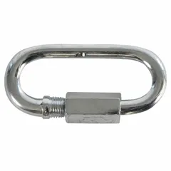 This zinc-plated quick link connector is used for repairing or extending safety chains on trailers and towed equipment. It is rated as Class 2 for load-bearing applications in towing and recovery. The connector provides a secure attachment point for compliance with transport safety regulations.