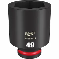 This 3/4" drive impact socket is designed for heavy-duty fastening with impact tools. It features a 49 mm metric, 6-point deep profile and friction retention for secure fit. Suitable for large bolts and nuts in automotive, construction, and industrial maintenance applications.