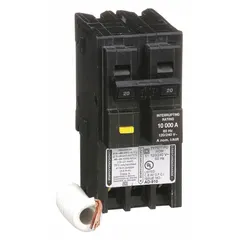 The SQUARE D HOM220GFI is a 20 A, 2-pole, single-phase miniature circuit breaker rated 120/240V AC with a maximum AIR rating of 10kA at 120/240V AC. It is a plug-in unit designed for use with Homeline Load Centers, providing overload and short-circuit protection for branch circuits.