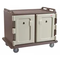 This non-pass-through insulated polyethylene meal delivery cart holds 20 trays and features 2 doors. It is equipped with 2 swivel casters with brakes for mobility and stability. NSF certified, it is suitable for transporting meals in institutional settings such as hospitals and cafeterias