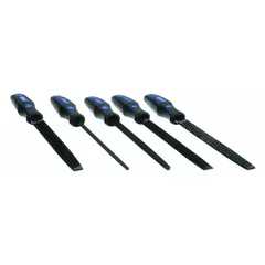 This 5-piece file set includes a handle and a pouch for storage. The files feature a bastard cut, suitable for general-purpose metalworking tasks such as shaping, smoothing, and deburring on metal surfaces. Commonly used in maintenance, fabrication, and repair applications.
