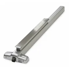 Rim-type exit device with touchbar style in chrome finish. Designed for commercial doors up to 4 ft wide. ADA compliant for accessible egress in buildings such as schools, offices, and retail spaces.