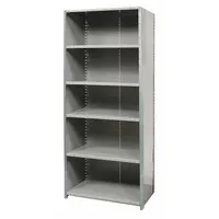 Steel frame and shelving unit with six shelves, 36 in wide by 12 in deep by 84 in high, finished in gray. Unassembled. Suitable for organizing tools, parts, and equipment in industrial storage areas