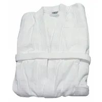 White bathrobe made from 100% cotton with a 48-inch overall length. Designed for use in hospitality, spa, and healthcare settings where comfort and absorbency are required after bathing or treatments