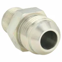This rigid straight steel adapter connects NPTF male threads to JIC male threads, enabling transition between thread standards in hydraulic systems. With a 1/2 in NPTF and 3/4 in JIC fitting size, it is suited for fluid-power applications requiring leak-free connections