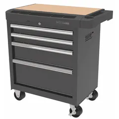 This light-duty rolling tool workstation from WESTWARD measures 34 5/16 inches wide by 19 1/2 inches deep by 33 5/16 inches high. It features a black exterior with black drawers, suitable for organizing and transporting tools in workshops, garages, and maintenance areas.