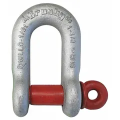 This CROSBY chain shackle is designed for lifting and rigging applications, with a working load limit of 24,000 lb and a width between eyes of 2 1/32 in. The silver-finished shackle is used to connect chains, slings, or other lifting hardware in material handling tasks.