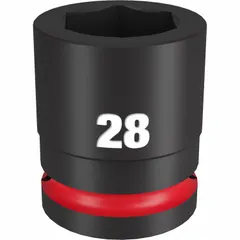 This 3/4" drive impact socket is designed for heavy-duty fastening tasks. It features a 28 mm metric size with a 6-point configuration for secure engagement with hex fasteners. The black phosphate finish provides corrosion resistance. Suitable for use with impact wrenches in automotive repair and industrial assembly.