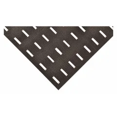 This drainage mat features a 7/16 in thick black PVC surface with a pyramid pattern and straight edges. It is non-reversible and designed for use in areas requiring drainage and slip resistance, such as industrial workstations and wet environments.