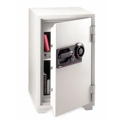 Free-standing security safe with 3.01 cu ft capacity, constructed from steel. Fire rated for flame/fire resistance. Features 5 live locking bolts and a mechanical combination lock. Dimensions: 34 1/2 in H x 20 1/2 in W x 22 in D.