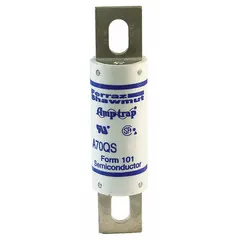Fast-acting bolt-on fuse from the A70QS series, rated 150 A at 700 V AC and 700 V DC. Designed for overcurrent protection in power electronic circuits such as variable frequency drives, rectifiers, and UPS systems. Bolt-on mounting ensures secure installation.