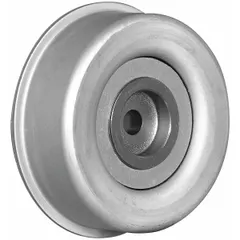 Steel flat flanged idler pulley designed for serpentine belt systems in light-duty vehicle applications. Maintains belt tension and reduces vibration to support reliable operation of engine accessories such as alternators and water pumps.