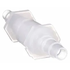 Barbed fitting coupling for connecting two tubes of same or different inner diameters. Made of low-density polyethylene (LDPE) for corrosion resistance. Suitable for low-pressure fluid or gas transfer in laboratory and industrial applications. Pack of 12.