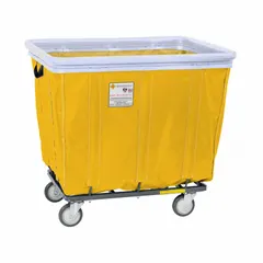 This assembled steel basket truck has a 25 cu ft capacity and 600 lb load rating. It features a yellow permanent mildew-resistant vinyl liner, a bumper, and four swivel casters. Dimensions: 51 in L x 35 in W x 40 in H. Suitable for transporting bulk materials, linens, or waste in industrial and commercial settings.