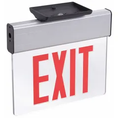 Red LED exit sign with silver aluminum housing, one face, universal field-selectable chevrons, and nickel cadmium battery backup. Includes self-diagnostics for automatic testing. Suitable for emergency egress marking in commercial and industrial settings.