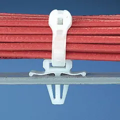 Natural-colored push mount for securing miniature, intermediate, and standard cable ties to panels or surfaces. Measures 0.71 in L x 0.37 in W x 0.62 in H with a 0.06 in slot height. Supplied in a 100-pack quantity.