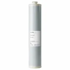 Plastic DI cartridge containing CG8H media for deionizing water. Features a 3.8 lpm flow rate and 3 1/2 in overall diameter. Used in water purification systems to remove dissolved ions for applications requiring high-purity water.