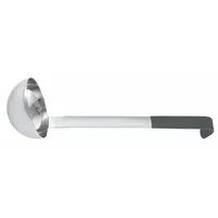 Stainless steel ladle with black finish, 5 oz capacity, and 14 in overall length. NSF Certified for commercial foodservice sanitation. Used for portioning soups, sauces, and gravies from deep pots