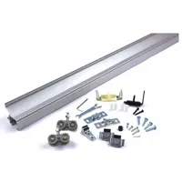 Top-mounted track kit for sliding door systems. Track measures 8 ft long, 3 1/2 in wide, 1 3/8 in high, with a maximum weight capacity of 250 lb. Suitable for use in warehouses, workshops, and industrial facilities where overhead door movement is required