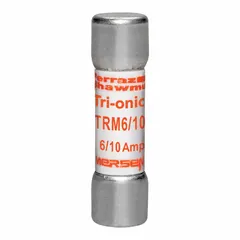 MERSEN TRM Series midget time-delay fuse rated 600 mA, 250 V AC, with a 13/32 in x 1 1/2 in body. Non-indicating design. Used for overcurrent protection in industrial control circuits, instrumentation, and small motor applications where time-delay characteristics accommodate temporary inrush currents.