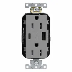 This duplex weather-resistant receptacle provides two 5-15R outlets rated 125V AC and 15A, plus integrated USB charging ports. The gray finish and weather-resistant construction suit outdoor and damp locations such as patios, garages, and commercial areas.