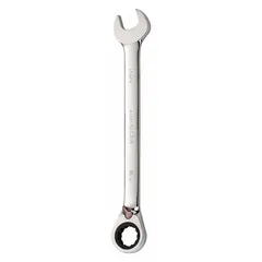 This SAE 12-point ratcheting combination wrench features a 7/8 in head size and an overall length of 11 1/2 in. The offset design and ratcheting action allow for fastener tightening or loosening in confined spaces. The chrome finish provides corrosion resistance. Typical applications include automotive repair, machinery maintenance, and industrial assembly.