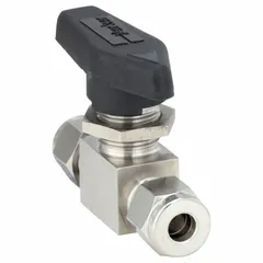 Straight-body ball valve with 316 stainless steel construction, 1/4 inch compression x compression connections, and lever handle for manual on/off flow control. Suitable for use in fluid systems requiring corrosion resistance.