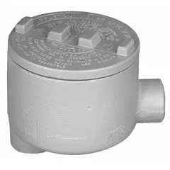 Iron LB round body 90° elbow type conduit outlet body with threaded female hubs for use with threaded IMC. Includes grounding screw and cover. Rated for hazardous locations, complies with CSA C22.2 No. 25. Body capacity 18 cu in, triple coat epoxy coating.