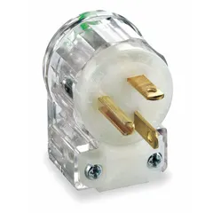 Angled plug with NEMA 5-20P configuration, rated 125V AC and 20A. Features 2 poles and 3 blades in a clear housing. Suitable for applications requiring a right-angle connection to reduce strain on the cord and fit into tight spaces.