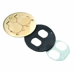 Round brass floor box cover with a brushed gold finish. Measures 4 1/4 inches in diameter and 1/4 inch in height. Designed to cap compatible floor boxes, providing a flush access point for electrical or data connections in commercial or industrial spaces.