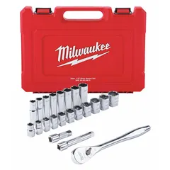 This 22-piece SAE socket set includes 6-point sockets ranging from 1/2 in to 1-1/8 in with a 1/2 in drive and friction ring retention. Drive tools are included. Suitable for tightening and loosening fasteners in automotive repair, machinery maintenance, and industrial assembly.
