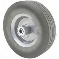 This flat-free polyurethane foam wheel has an 8-inch diameter and 2-inch width, with a load capacity of 250 lb. The tire sidewall number is 8x2.5. It is designed for use on industrial carts, dollies, and light-duty material handling equipment where puncture-proof operation is required
