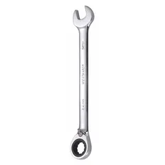 This metric 12-point ratcheting combination wrench features a 24 mm head size and 13-inch overall length. Constructed from alloy steel with a chrome finish, the offset design provides clearance for knuckles. The ratcheting action allows for faster fastener turning in confined spaces, suitable for general mechanical and automotive tasks.